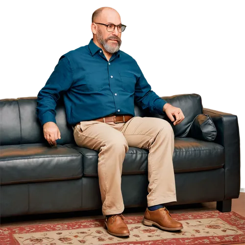 Old, fat, mature man, balding, thick beard, mustache, glasses, wrinkles, relaxed posture, casual wear, loose fitting shirt, khaki pants, belt buckle, comfortable shoes, sitting on couch, warm lighting