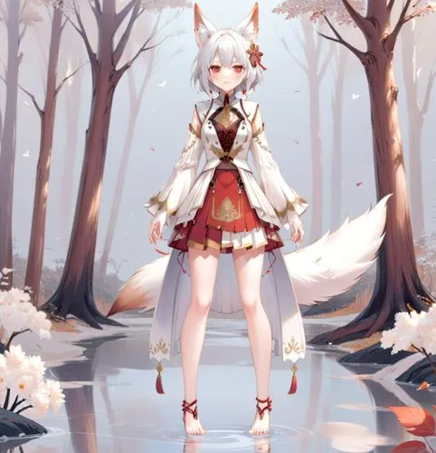 a beautiful woman with fox ears and short white hair, reminiscent of the mythical Daji. She embodies a mix of mischief and elegance, attired in red and white short clothes that accentuate her agile fi