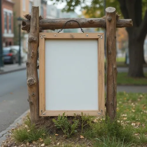 photo, wood frame signboard on the road,a small po frame in a city sidewalk,blank photo frames,frame mockup,wooden frame,white frame,canvas board,fall picture frame,botanical square frame,holding a fr