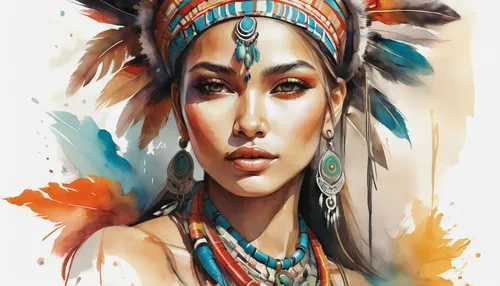 indian headdress,boho art,headdress,native american,feather headdress,american indian,pocahontas,warrior woman,tribal chief,native,cherokee,the american indian,indigenous painting,indian woman,shamanism,world digital painting,shamanic,tribal,ancient egyptian girl,watercolor women accessory,Illustration,Paper based,Paper Based 11