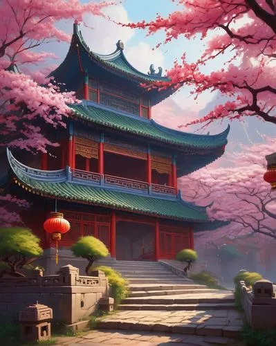 japanese sakura background,sakura background,asian architecture,chuseok,tianxia,qibao,dojo,mulan,jinchuan,hall of supreme harmony,yuexiu,zhifu,sanxia,oriental,spring festival,hanfu,qingcheng,cartoon video game background,rongfeng,yangmei,Conceptual Art,Fantasy,Fantasy 19