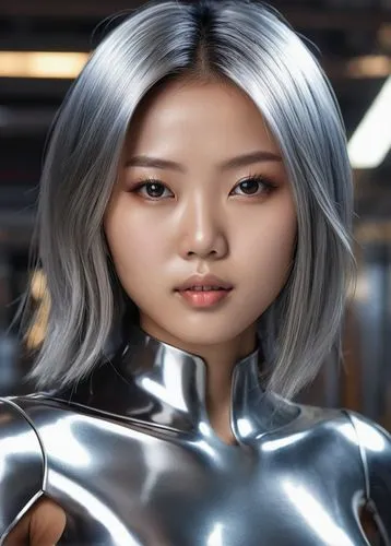 silver,artificial hair integrations,silvery,silver surfer,aluminum,solar,ai,korean,humanoid,doll's facial features,cyborg,chia,chrome steel,pepper and salt,gunmetal,hong,asian vision,cgi,korea,chrome,Photography,General,Realistic