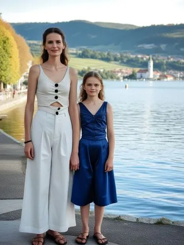 A tall old girl next to a much younger, slimmer and smaller on Lake Constance,two girls standing by a body of water,communicants,communions,greifensee,hochzeit,glimmerglass,thunberg