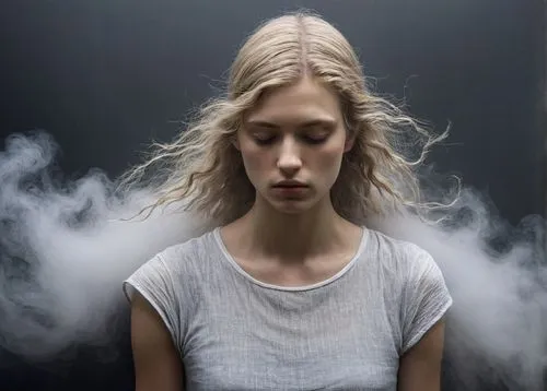 30-degree, atmospheric fog effect.,a woman is standing with her head down and smoke billows in the air,smoking girl,girl smoke cigarette,exhalation,smoke dancer,cloud of smoke,abstract smoke,vapor,vap