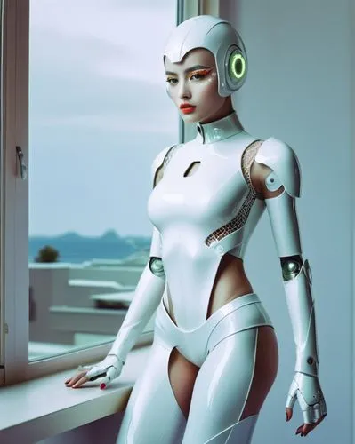 full body crop fashion page,a robot girl super model with futuristic look and white glossy outfit, eyes looking at viewer, glossy props, collarbone, vivid color, hi-tech designed props for helmet, rea