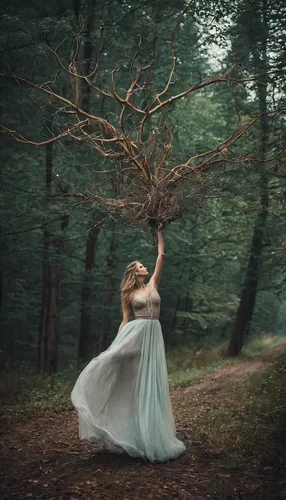 ballerina in the woods,girl with tree,throwing leaves,dryad,forest of dreams,faerie,in the forest,falling on leaves,the girl next to the tree,fairy forest,conceptual photography,enchanted forest,girl in a long dress,faery,fae,fallen tree,the forest fell,whirling,forest tree,elven forest,Illustration,Realistic Fantasy,Realistic Fantasy 40