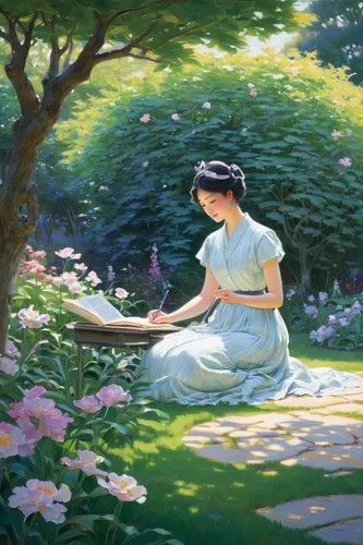 girl in the garden,girl picking flowers,girl lying on the grass,girl in flowers,in the garden,spring morning,work in the garden,idyll,in the spring,farmer's jasmine,picking flowers,jasmine blossom,english garden,in the early summer,springtime background,flower garden,jane austen,magnolia,flower painting,girl in a long dress,Art,Classical Oil Painting,Classical Oil Painting 15