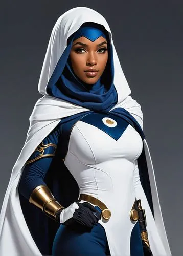 A female Muslim superhero, face veil, athletic figure, arm gauntlets, color: White and Navy blue, cel-shaded color-block comic book art style, Use bold lines, dynamic shading, and vibrant colors typic