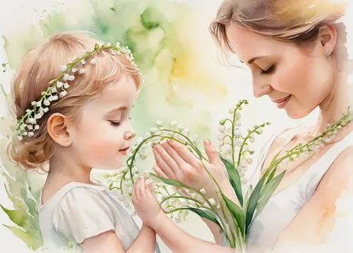 little girl and mother,flower painting,lily of the field,blessing of children,lily of the valley,happy mother's day,lilies of the valley,girl praying,mother's,capricorn mother and child,tuberose,infant baptism,children's background,nursery decoration,motherday,little angels,lilly of the valley,mother's day,baby with mom,mother with child,Illustration,Paper based,Paper Based 25