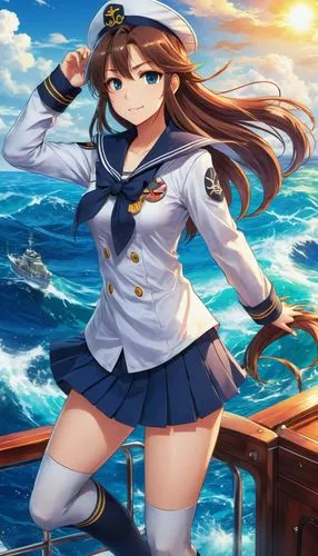 A female character with long hair, wearing a sailor's uniform on the high seas, for an action RPG story.,kantai collection sailor,naval,minakami,yamato,kitakami,honolulu,kantai,scharnhorst,delta sailo