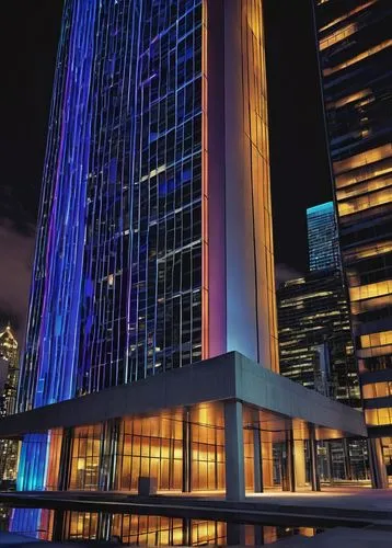 Geometric, futuristic, sci-fi architecture, skyscraper, sharp edges, neon lights, reflective glass, steel beams, concrete pillars, urban cityscape, nighttime, dramatic lighting, low-angle shot, bold c