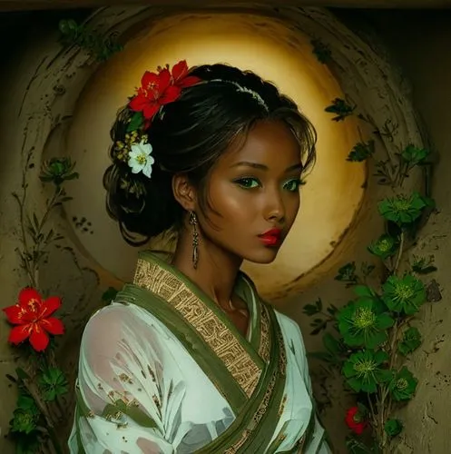 the woman is posing in a painting and flowers,tiana,ethiopian girl,eritrean,oshun,girl in a wreath,pilipina,Illustration,American Style,American Style 12