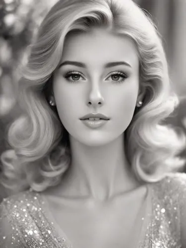 Beautiful blonde lady in black & white 1960s Henri Cartier-Bresson style portrait. Glitzy. Photorealistic. 8k,a woman's head is shown in black and white,connie stevens - female,elsa,blonde woman,doll'