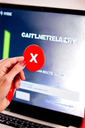 Cancel button, Shutterstock logo, red X mark, deleting account, warning symbol, caution tape, computer screen, solo hand, index finger clicking, morning light, soft focus, 3/4 composition, shallow dep