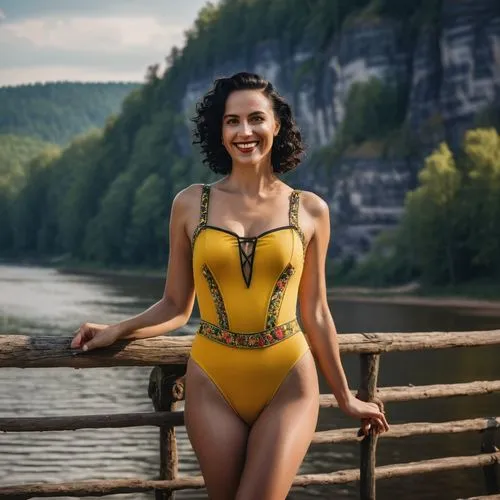 A captivating 3D close-up down-view render of a 36-year-old German woman standing on the banks of the majestic Elbe River in the breathtaking Saxon Switzerland near Dresden, Germany. She has sleek bla