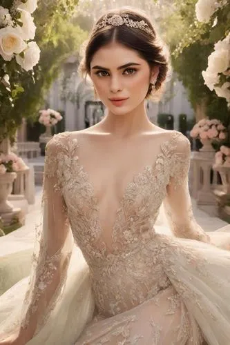 a stunning princess with a flowing white dress and a golden coat sits in the middle of a lush green gardens, her eyes gleaming with delight. The sun shines down on her, casting a warm breeze on her sk