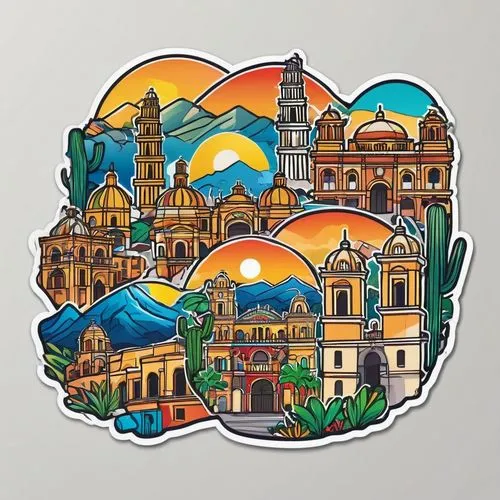 illustration of the city of cancu mexico, vibrant and colorful sticker, with black outline, clear and pure background, exclusive sticker
,queretaro,guanajuato,antigua guatemala,mexico city,nicaraguan 