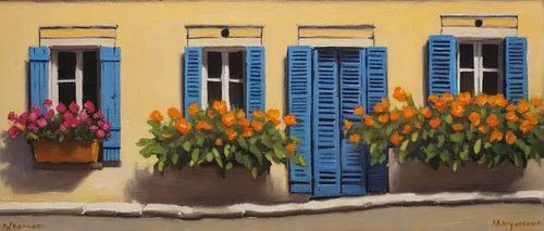 """Seeing Double in Arles, 5x7, oil on gessoboard, Provence, Arles, shutters, flowers, stripes, small"" original fine art by Maryanne Jacobsen",shutters,window with shutters,sicily window,flower boxes