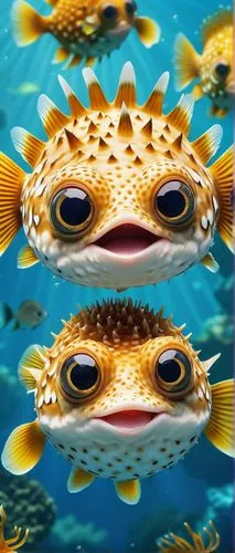 Puffer fish logo, cartoon style, colorful scales, big smile, round eyes, shiny skin, 3D illustration, white background, simple composition, centered subject, bold lines, vibrant colors, childlike desi