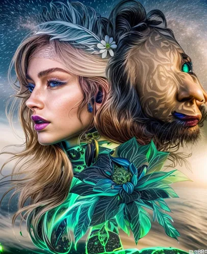 fantasy portrait,zodiac sign leo,zodiac sign gemini,girl with dog,fantasy art,fantasy picture,sci fiction illustration,two lion,gemini,zodiac sign libra,she feeds the lion,horoscope taurus,the zodiac sign taurus,3d fantasy,celtic queen,green mermaid scale,photomanipulation,psychedelic art,human and animal,fantasy woman