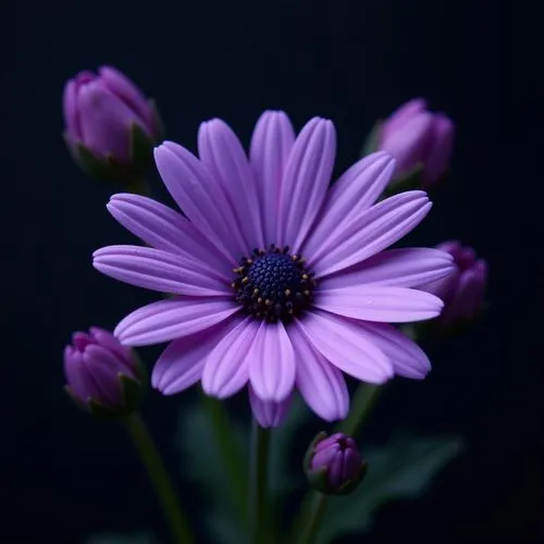 The image features a close-up of a single purple daisy against a dark, blurred background. The daisy's petals are a vibrant purple hue with slight variations in tint, radiating symmetrically from a da