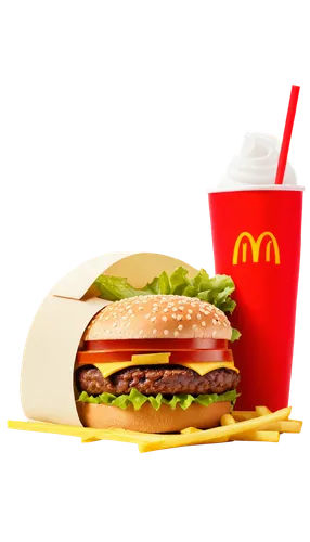 McDonald's food, close-up, golden arches logo, red and yellow colors, big mac burger, fries, soft drink, straw, paper box, morning sunlight, shallow depth of field, warm color tone, appetizing composi