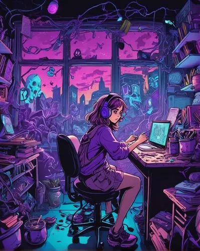 girl at the computer,computer room,cyberpunk,computer,man with a computer,computer addiction,cyberworld,computer freak,cyberia,hikikomori,cyberscene,purple wallpaper,watchmaker,alchemist,working space,cybertown,computerologist,computer art,workspace,cyber,Conceptual Art,Fantasy,Fantasy 26