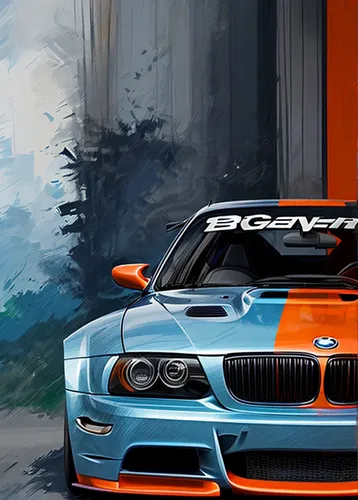 Crea una pintura digital vibrante de un coche de carreras icónico, inspirado en el BMW M3. La imagen debe mostrar la parte frontal del coche, destacando sus faros y la parrilla distintiva en forma de 