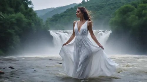 a woman in a white dress stands in the center of flowing river as it rains, high definition 4k, wide angle, pan zoom out,bridal veil,bridal veil fall,girl on the river,water fall,flowing water,wasserf