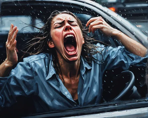 Scream in frustration while stuck in traffic on a rainy day.,woman in the car,scared woman,girl washes the car,girl in car,rage,stressed woman,drivers who break the rules,anger,car alarm,car cleaning,