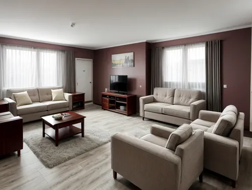 Living Room with Furniture Description:

In the living room, there is a dining table with four chairs, as well as a three-seater sofa and a single-seater sofa.,3d rendering,family room,apartment loung