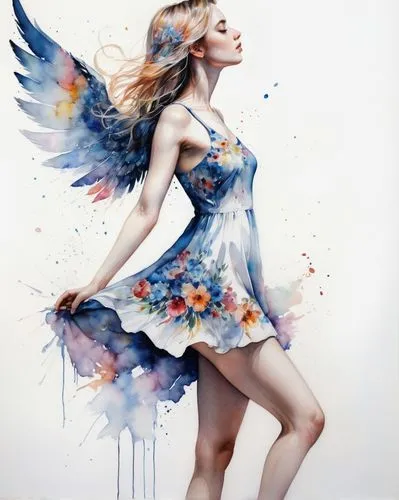 Painting of a beautiful adult female angel has a curvy body, white skin, natural blue eyes, and wearing simple modern mini dress with a colorful floral pattern. Realistic hands, realistic fingers, rea