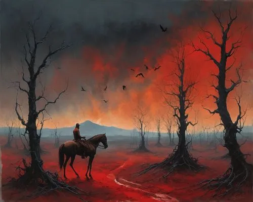 scorched earth,burned land,fire horse,forest fire,wildfire,horseman,barren,scythe,volcanic field,burning earth,volcanic,burned mount,inferno,volcanic landscape,firethorn,blood hound,eruption,man and horses,fire mountain,apocalypse,Conceptual Art,Oil color,Oil Color 10