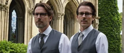 Middle-aged, male, architect, designer, Winchester, standing, confident pose, black-rimmed glasses, short brown hair, trimmed beard, white dress shirt, dark grey waistcoat, formal trousers, black leat