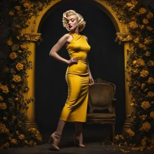 marylyn monroe - female,mamie van doren,marilyn,pin-up model,yellow rose background,yellow jumpsuit,pinup girl,merilyn monroe,pin-up,retro pin up girl,pin up,marylin monroe,pin-up girl,yellow roses,vintage dress,pin ups,vintage woman,aurora yellow,retro woman,retro women,Photography,General,Fantasy