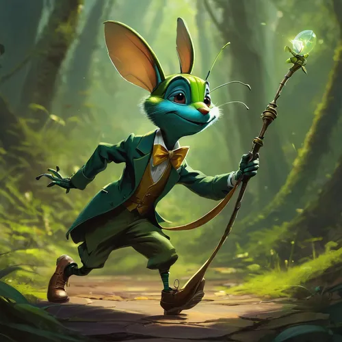 jiminy cricket,robin hood,kobold,bard,art bard,splinter,conductor,patrol,hop,jerboa,frog background,jack rabbit,cangaroo,goblin,fairy tale character,game illustration,aaa,rataplan,bandola,aa,Conceptual Art,Fantasy,Fantasy 06