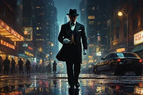 tuxedo,film noir,detective,man with umbrella,top hat,spy,walking man,banker,mafia,cyberpunk,tux,gentlemanly,a black man on a suit,tuxedo just,manhattan,black hat,black city,bombay,overcoat,standing man,Art,Classical Oil Painting,Classical Oil Painting 32