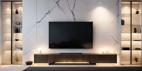 120吋电视,，悬空式电视柜，左右玻璃门展示柜.,modern fireplace with built - in lights in a living room,minotti,modern decor,contemporary decor,modern minimalist bathroom,interior modern design,modern minimalist lounge,Pho