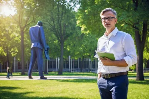 Male, mature, professional, 30s, glasses, short hair, clean-shaven, white shirt, dark blue trousers, black leather belt, holding a blueprint, standing, university campus, green lawn, tall trees, moder