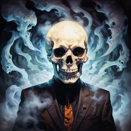 Create a spooky gallery filled with ghostly portraits that seem to watch the viewer. Each painting features a ghostly figure emerging from a skull, surrounded by swirling mist. The eyes of the portrai