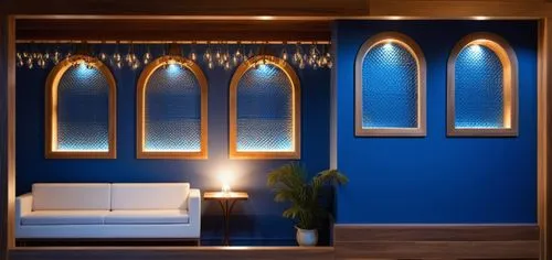 plantation shutters,blue lamp,majorelle blue,interior decoration,wooden shutters,bamboo curtain,room divider,wall lamp,patterned wood decoration,contemporary decor,modern decor,shashed glass,art deco frame,security lighting,interior decor,luminous garland,window curtain,blue room,search interior solutions,stained glass windows,Photography,General,Realistic