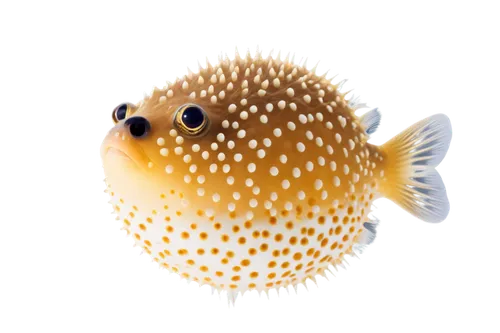 Puffer fish, inflated body, round shape, small fins, beady eyes, white belly, brown back, yellow stripes, soft lighting, underwater scene, shallow depth of field, vibrant color tone, dynamic compositi