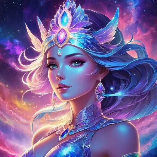 zodiac sign libra,fantasy portrait,star mother,horoscope libra,ice queen,elsa,fairy galaxy,constellation unicorn,andromeda,zodiac sign gemini,blue enchantress,fantasy art,aquarius,nami,unicorn background,show off aurora,celestial,cassiopeia,fantasy woman,mermaid background,Illustration,Realistic Fantasy,Realistic Fantasy 20