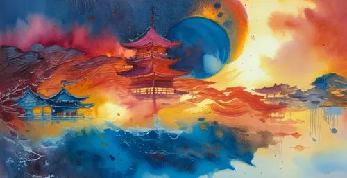 this colorful painting shows some kind of buildings,palyul,watercolor background,rinchen,dorje,dzogchen,barongsai,Illustration,Paper based,Paper Based 24