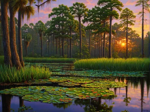 alligator lake,swamp,alligator alley,wetlands,bayou,wetland,freshwater marsh,swamp iris,everglades,lily pond,lily pads,lilly pond,swampy landscape,backwaters,nature landscape,marsh,florida,river landscape,evening lake,american alligators,Illustration,Realistic Fantasy,Realistic Fantasy 27