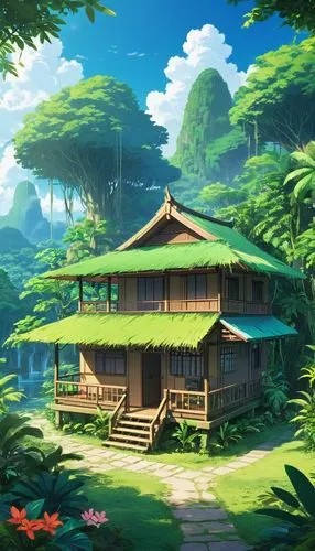 landscape background,teahouse,cartoon video game background,background design,dojo,tropical house,japanese background,bamboo forest,forest background,home landscape,seclude,wooden hut,background images,summer cottage,nature background,tropical forest,3d background,kunplome,forest house,japanese shrine,Illustration,Japanese style,Japanese Style 03