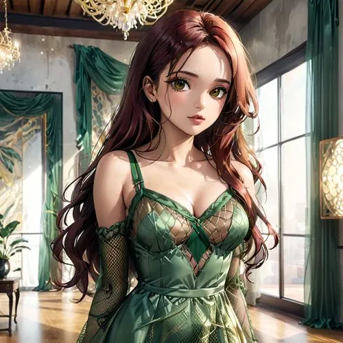 poison ivy,green dress,celtic queen,vanessa (butterfly),background ivy,emerald,merida,celtic woman,fairy tale character,princess anna,dress doll,rapunzel,ivy,a girl in a dress,doll dress,fantasy girl,winter dress,fairy queen,fae,game illustration,Anime,Anime,General