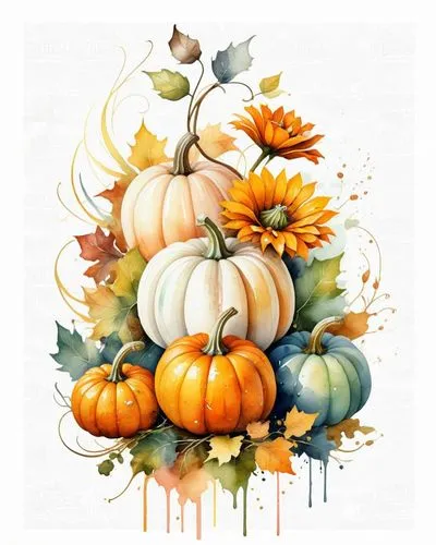 a painting of pumpkins and leaves in autumn colors,decorative pumpkins,seasonal autumn decoration,autumn pumpkins,autumn icon,autumn decoration,autumn background