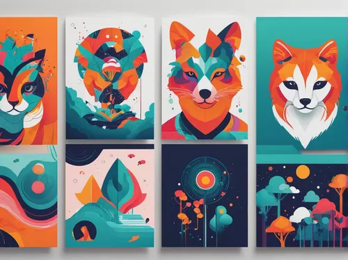 Design a mesmerizing behance portfolio to showcase your creative work.,foxes,animal icons,fox stacked animals,animal shapes,forest animals,color dogs,animal stickers,prints,woodland animals,fairy tale