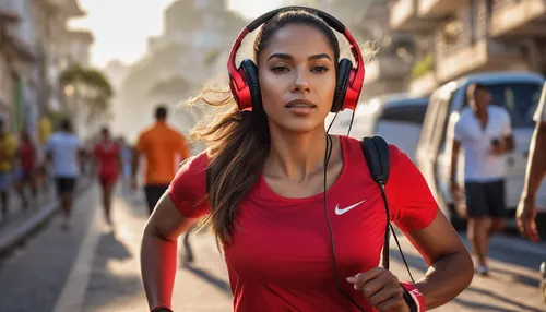 WOMAN WITH HEADPHONES AND WEARING RED FITNESS CLOTHING WALKING IN RIO DE JANEIRO, BRAZIL,audio player,wireless headset,listening to music,music player,music on your smartphone,bluetooth headset,wirele